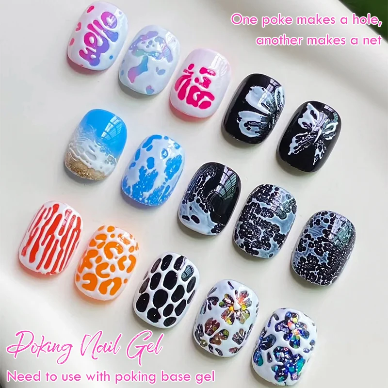 ブラックホワイトポッキングネイルジェルポリッシュポケネイルアートグルーバブルオーシャンウェーブテクスチャレースホールホローイングペインティングUVジェルヴァーニッシュDIY