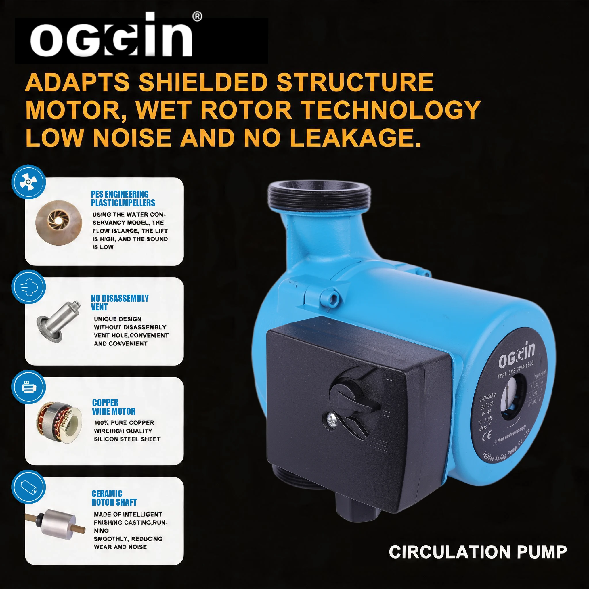 32-8-180G 8m High Head Hot Water Circulation Pump 1.25 Inch DN32 Automatic Silent Circulator for Solar Heater Boiler 180mm
