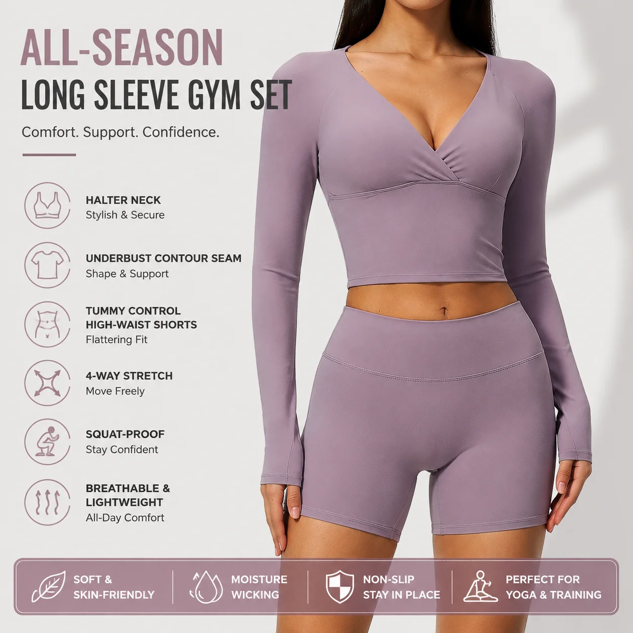 All-Season Long Sleeve Gym Set with Underbust Contour Seam & Tummy Control Shorts Zero-Dig Non-Slip Halter Neck Crop Top Squat-P
