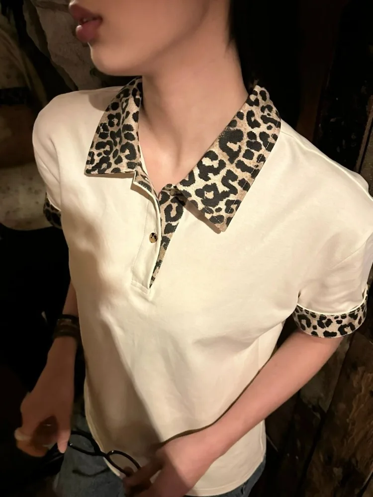 

Vintage Grunge Patchwork Leopard Casual Top Streetwear Men and Women Tshirts Y2k Aesthetic Turn Down Collar Button Harajuku Tees