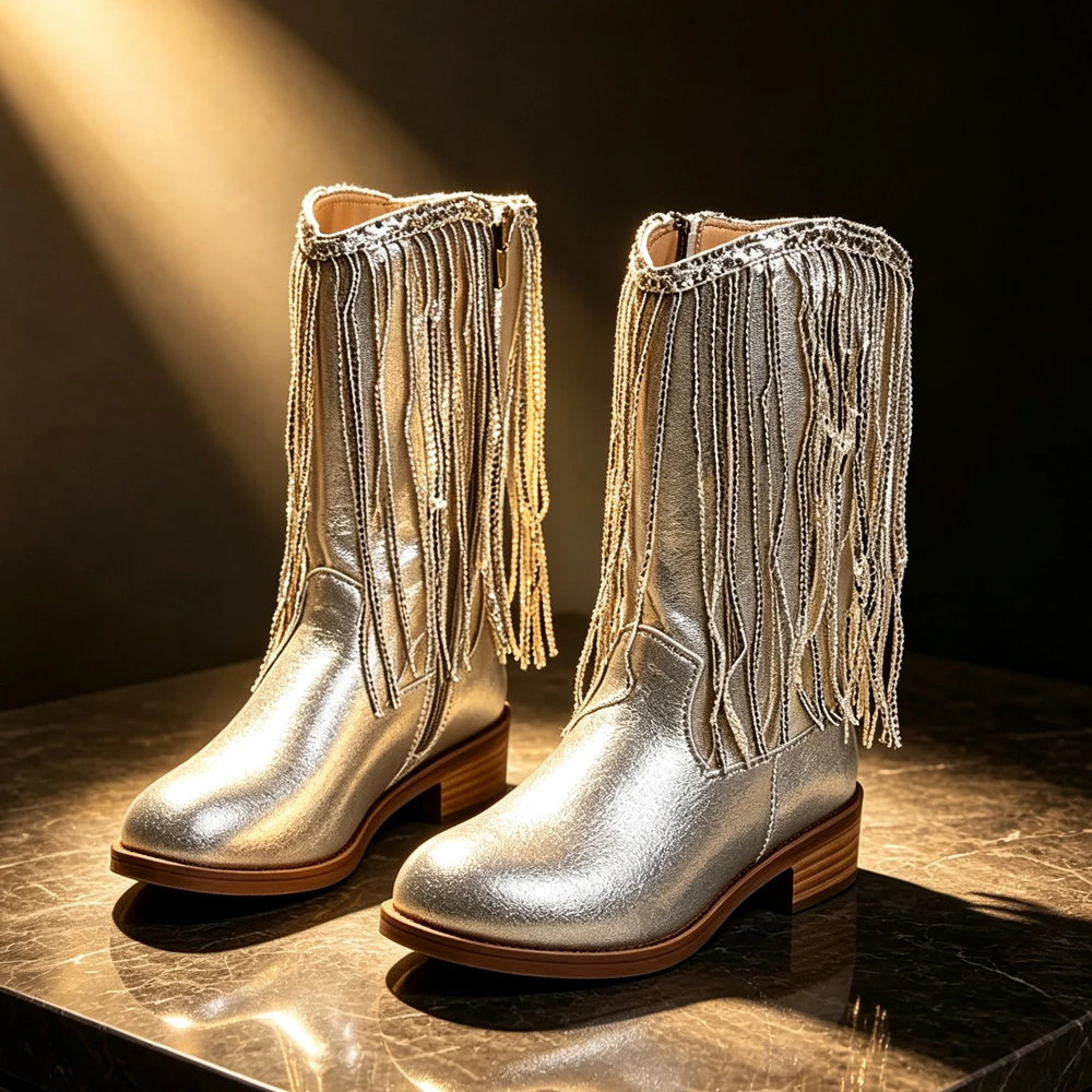Fashion Girls Stage Performance Boots Sequin Tassel Western Cowboy Boots Carnival Party Toddler Silver Gold Glitter Fringe Shoes