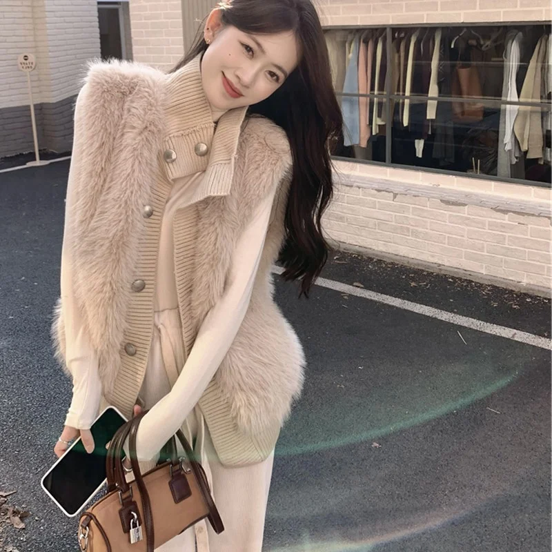 New Autumn Winter Casual Loose Warm Plush Tank Women Stand Collar Knitted Vest Jacket Female Short Sleeveless Sweater Waistcoat