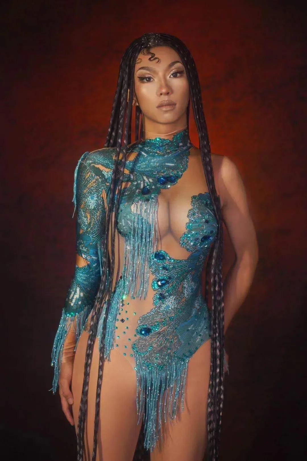 Oszałamiające body z frędzlami dla kobiet, strój na rave, festiwal, leotard na jedno ramię, kostium taneczny drag queen, seksowny strój sceniczny w stylu Vegas.