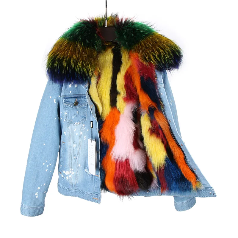 

2023 MAOMAOKONG Real Fox Fur Lining Denim Jacket Coat Parkas Large Raccoon Fur Collar Women Winter Coat Jacket