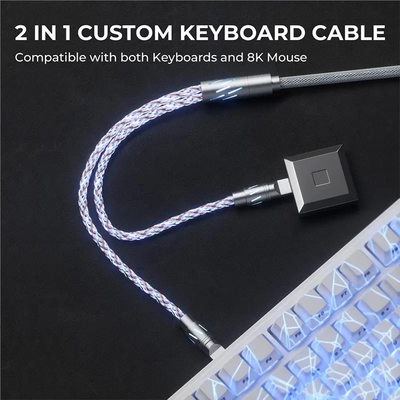 CC8 Keyboard Cable Keyboard Data Cable 1-To-2 8K Polling Rate RGB Lights LED Braided Cable With CNC Metal Connector 1.5M,