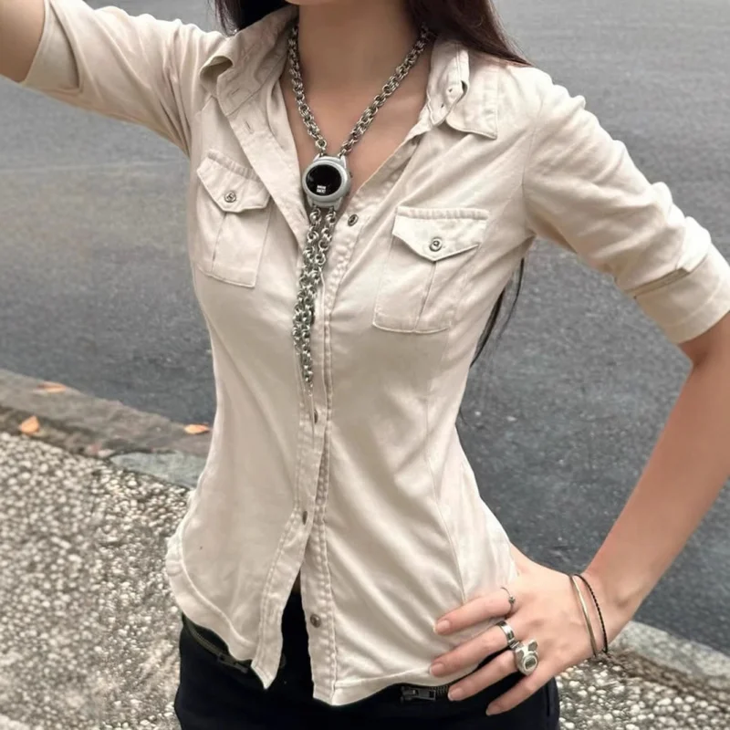 Summer Sister Style Flip Collar Slimming Top with Pocket Long Sleeve Shirt Design for Work Simple Waist Highlighting Fashion