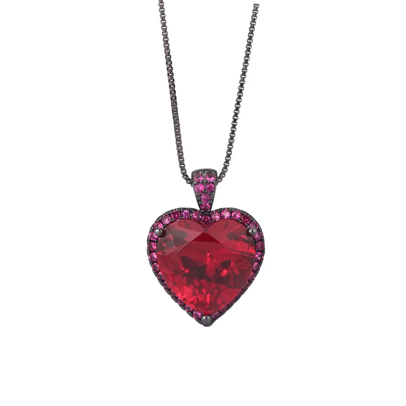 Gold-Plated Colored Red Corundum Blue Pointed Crystal Heart-Shaped Pendant for Women 15*15