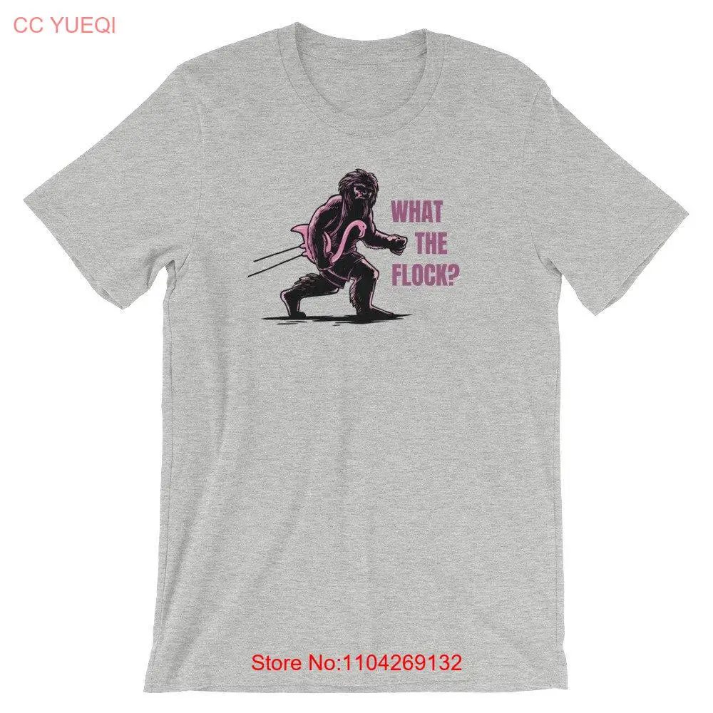 Funny Bigfoot Pink Flamingo T Shirt Sasquatch Carrying Lawn What The Flock long or short sleeves