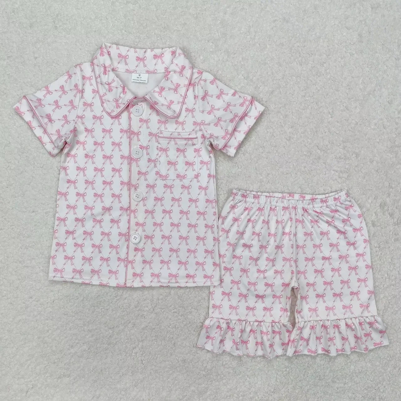 Wholesale Children Infant Pajamas Outfit Sleepwear Baby Girl Short Sleeves Pockets Buttons Shirts Nightclothes Bows Shorts Set