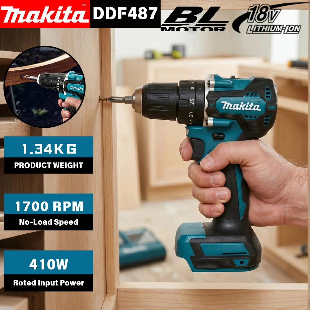 Makita Original DDF487 18V LXT Brushless Drill Driver, Multifunctional Rechargeable Screwdriver for Wood Metal Drilling Tasks
