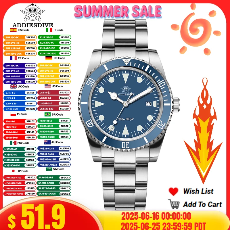 ADDIESDIVE 39mm Quartz Watches 316L Stainless Steel BGW9 Blue Luminous 20Bar Waterproof AD2068 Display Calendar Men's Watches