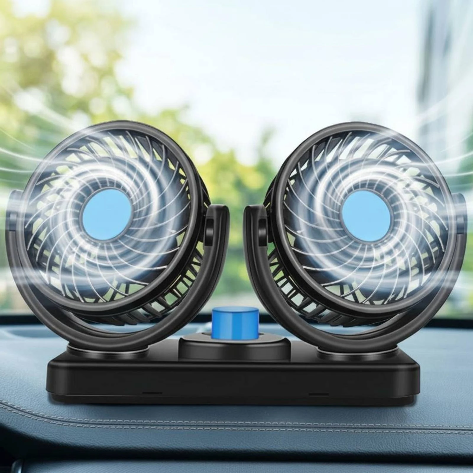 

twinHead Car Fan Adjustable Air Circulation 360 Degree Rotatable Car Fan Black and Blue