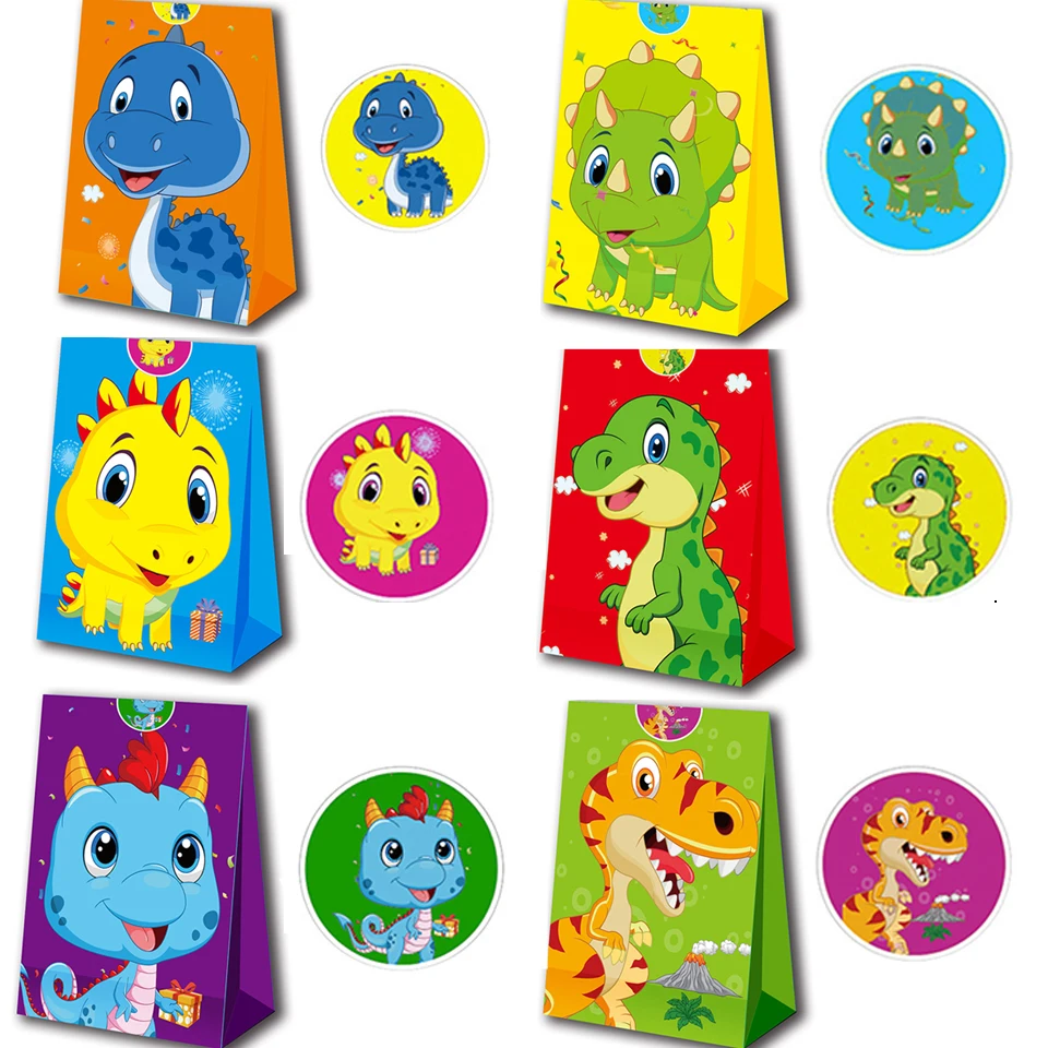 

6PCS Carton Dinosaur Paper Bags Colorful Candy Biscuit Packaging Bag for Kids Dinosaur Birthday Party Decoration Gifts Supplies