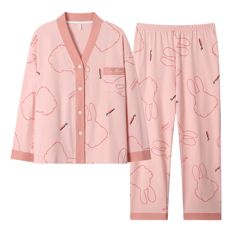 Spring&Autumn V-Neck Cardigan Sleepwear Women's 2 Pieces Pajamas Set Homewear Lounge Clothes Pyjamas Soft Cotton Pijamas Femme