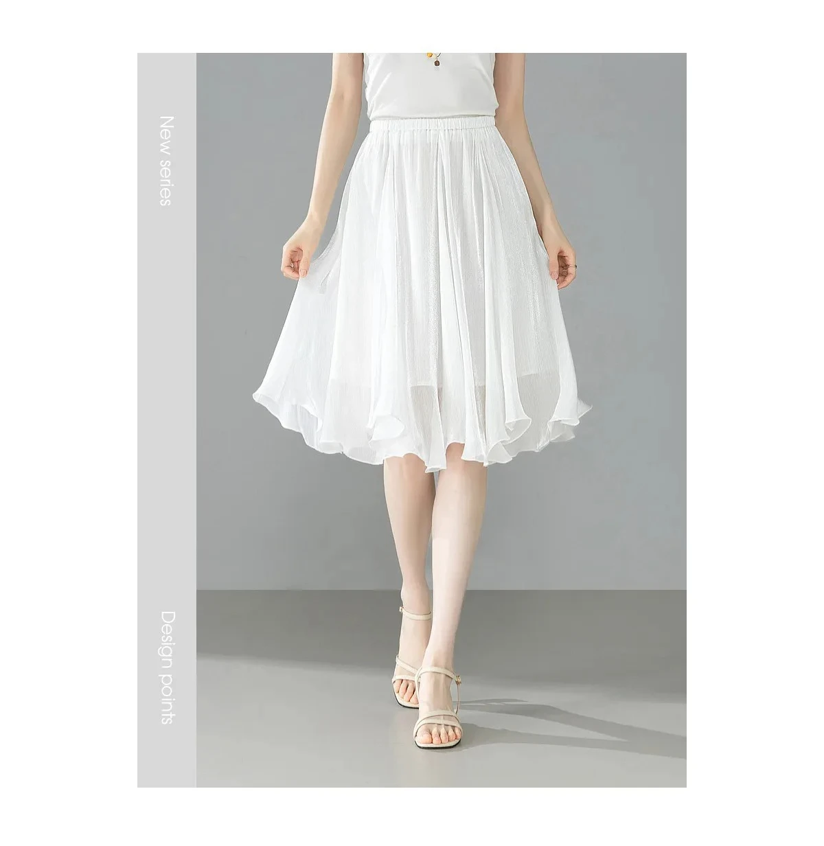 SENTUBILA Weißer Chiffon-Schimmerrock für Damen, Sommer 2026, Eleganter, Elastischer Bund, Unregelmäßiger, Lässiger Schirmrock Q62QG7308 – Detail 8