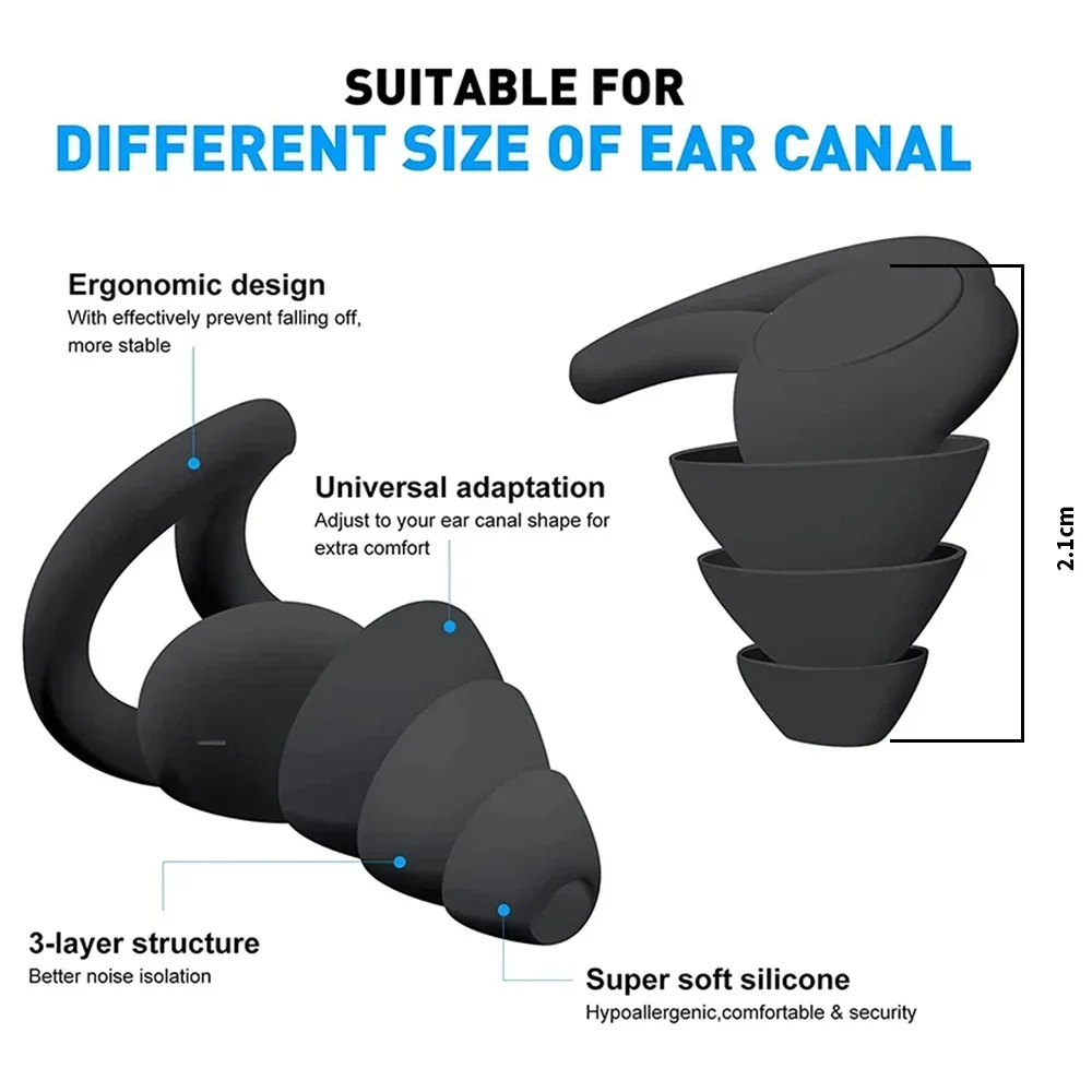 CCSN 3-Layer Silicone Sleep Earplugs Noise Reduction Soft Reusable Hearing Protection Ear Plugs For Sleeping Travel Use