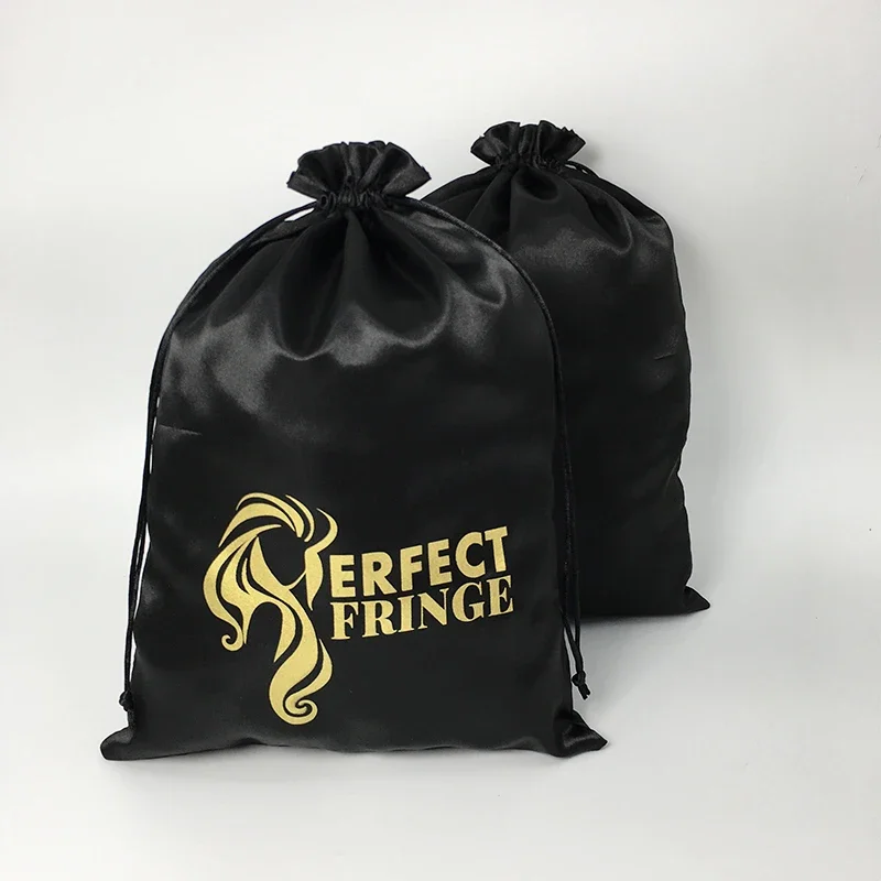 Luxury Black Satin Bags Packaging Hair Wig Extension Gift Bag Custom Logo Drawstring Bags 20x30/30x40cm Storage Pouch 50PCS