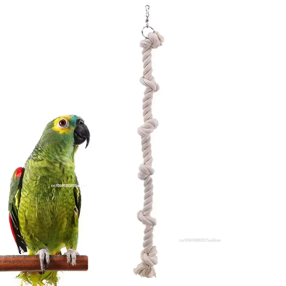 Parrot Shredder Toy Dry Anti-biting Parrot Cage Foraging Toys White Cotton Rope Chewing with Bell Big Parrots Toy Accessories