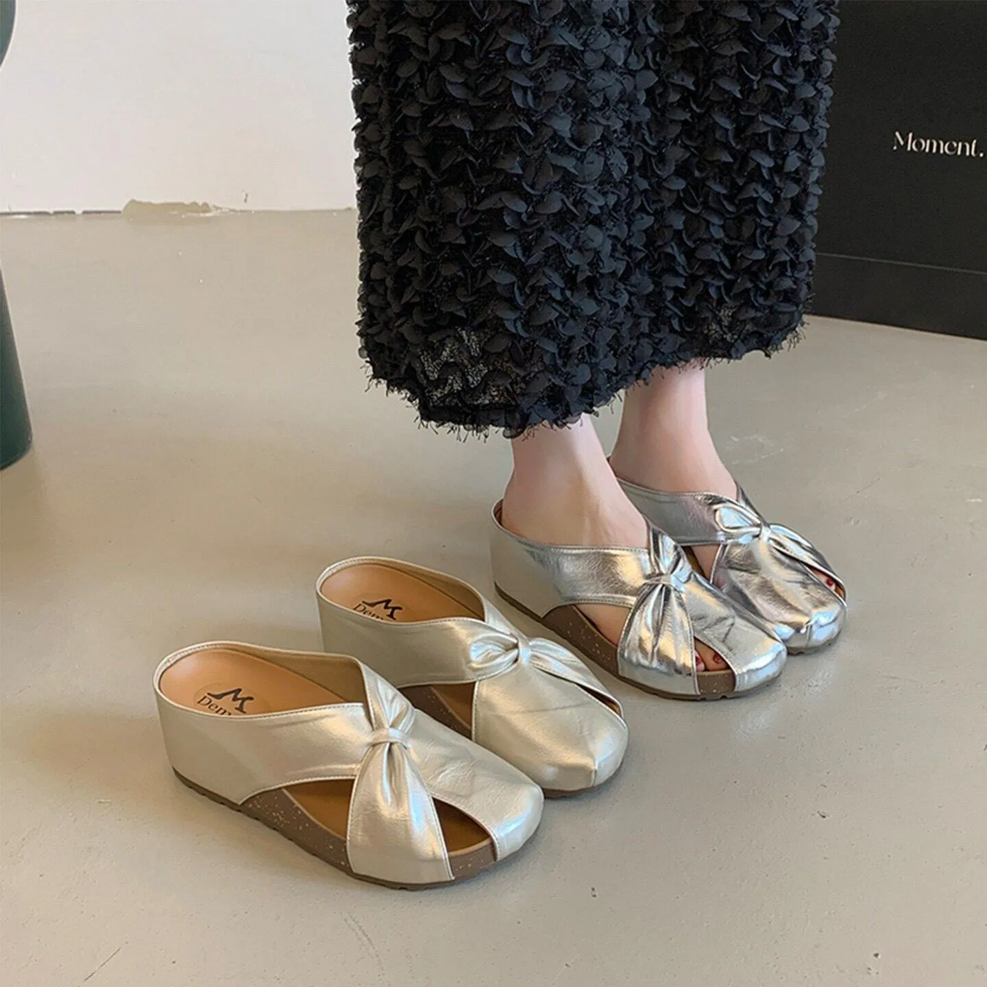 Metallic Wedge Sandals Women Cutout Bow Slippers Platform Thick Sole Closed Toe Mules Summer Outdoor Casual Beach Slides Shoes - view 4