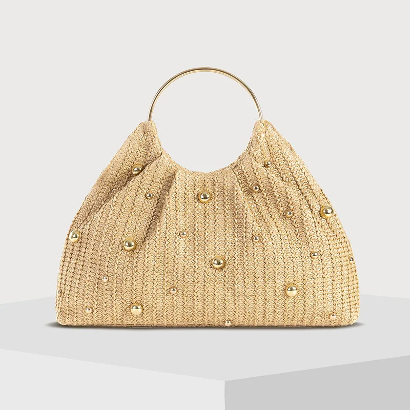 

Женская сумка из плетеной соломки с круглыми бусинами, однотонная, простая, повседневная, универсальная, вместительная, квадратная