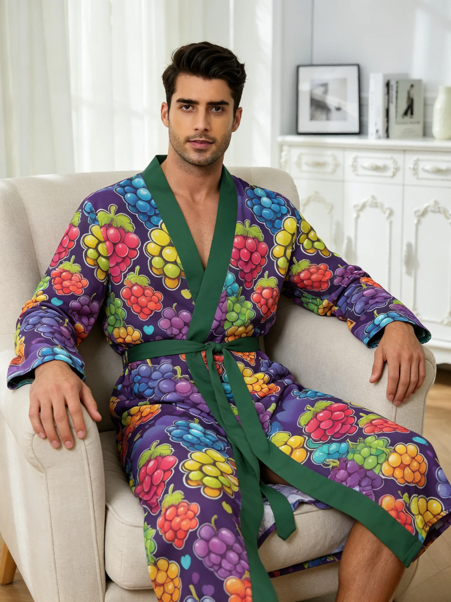 Men's lightweight quick-drying pajama bathrobe - 3D digital printing, non-fading design, stand-up collar and adjustable waistban