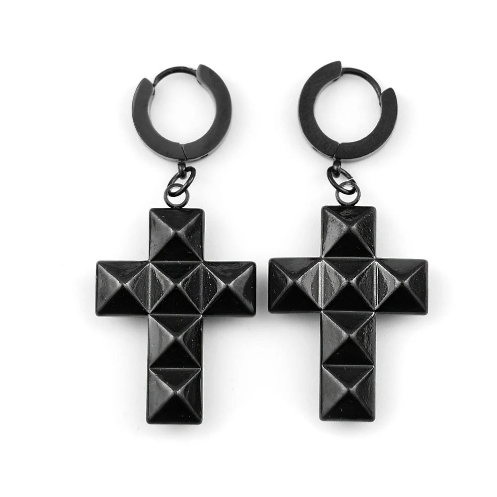 Stainless Steel Studded Rivet Cross Hoop Earrings Cool Punk Gothic Rock Pyramid Cross Drop Earrings for Men Women Goth Jewelry