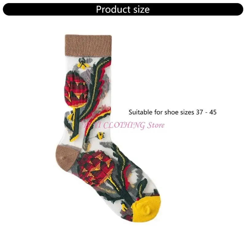 N5KF جوارب الأزهار المرنة للنساء متوسطة الطول تصميم خفيف الوزن انظر من خلال الجوارب #6