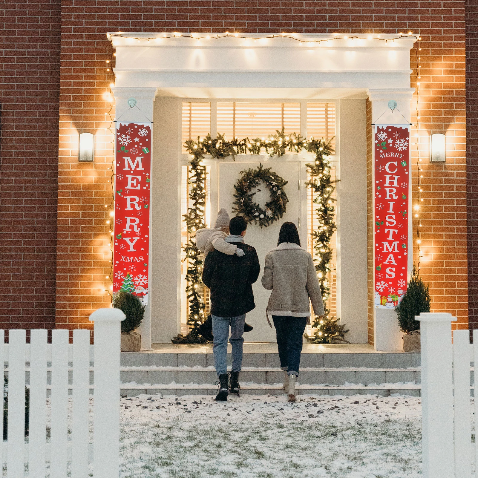 

1 Pair Christmas Door Banner Decorative Couplet Outdoor Porch Sign Welcome Banner Door Curtain Holiday Party Festive Red Green