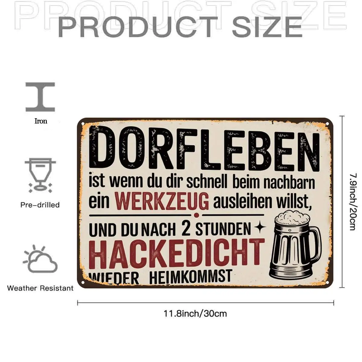 2D Flat Surface, 2D Flat Surface, 1 Piece, Retro Nostalgic Country Style German Humorous Beer Mug Design Metal Tin Sign, with Pre-Drilled Holes, Suitable for Indoor, Garden, Outdoor, Bathroom Decoration, 2D Flat Surface
