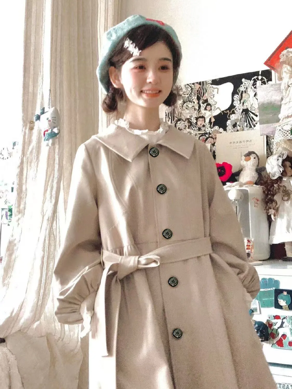 

Black Trench Coat Woman Windbreaker For Girls Sensibility Blocking Wearable Grace Regular Contrasting Waistbelt Gorgeous