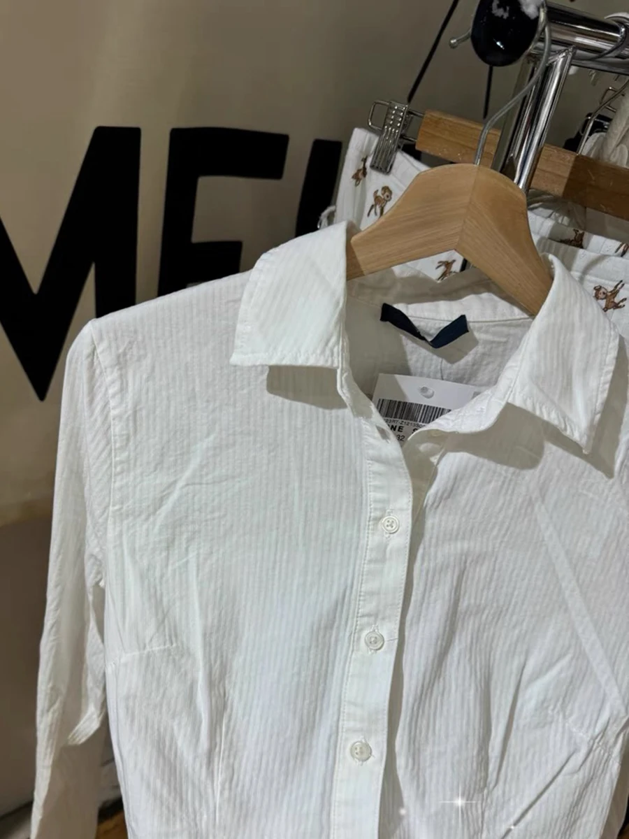 White Striped Slim Shirts Women Spring Turn-down Collar Cotton Single Breasted Blouse Fashion Sweet Solid Long Sleeve T-shirts
