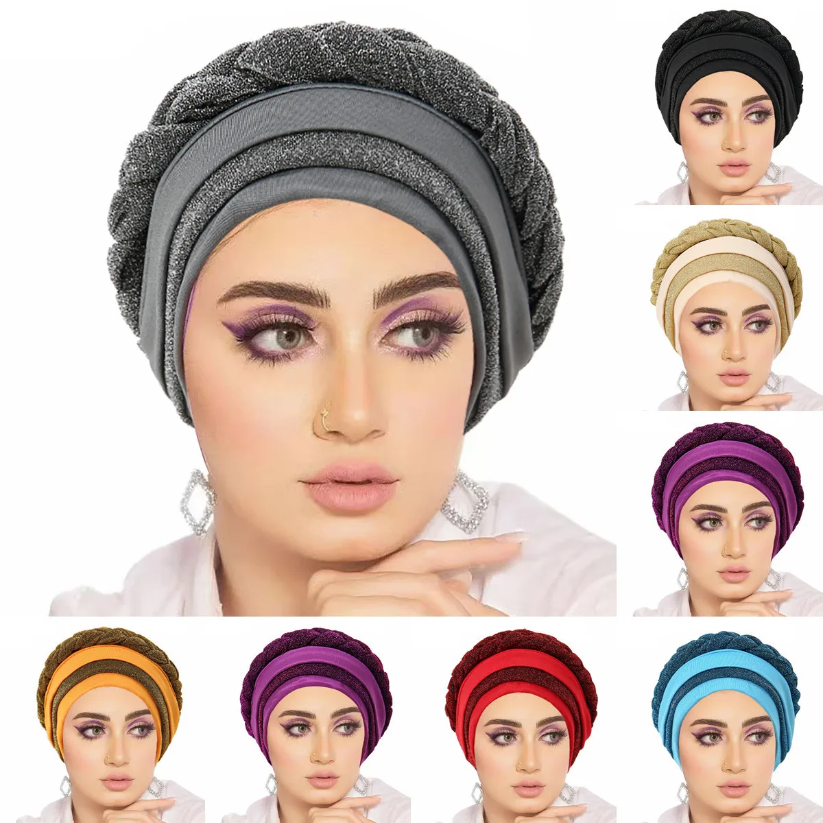 New Women's Bright Silk Braid Milk Silk Headscarf and Hat with Hidden Hair Two-color Muslim Headscarf and Hat Beanie Hats