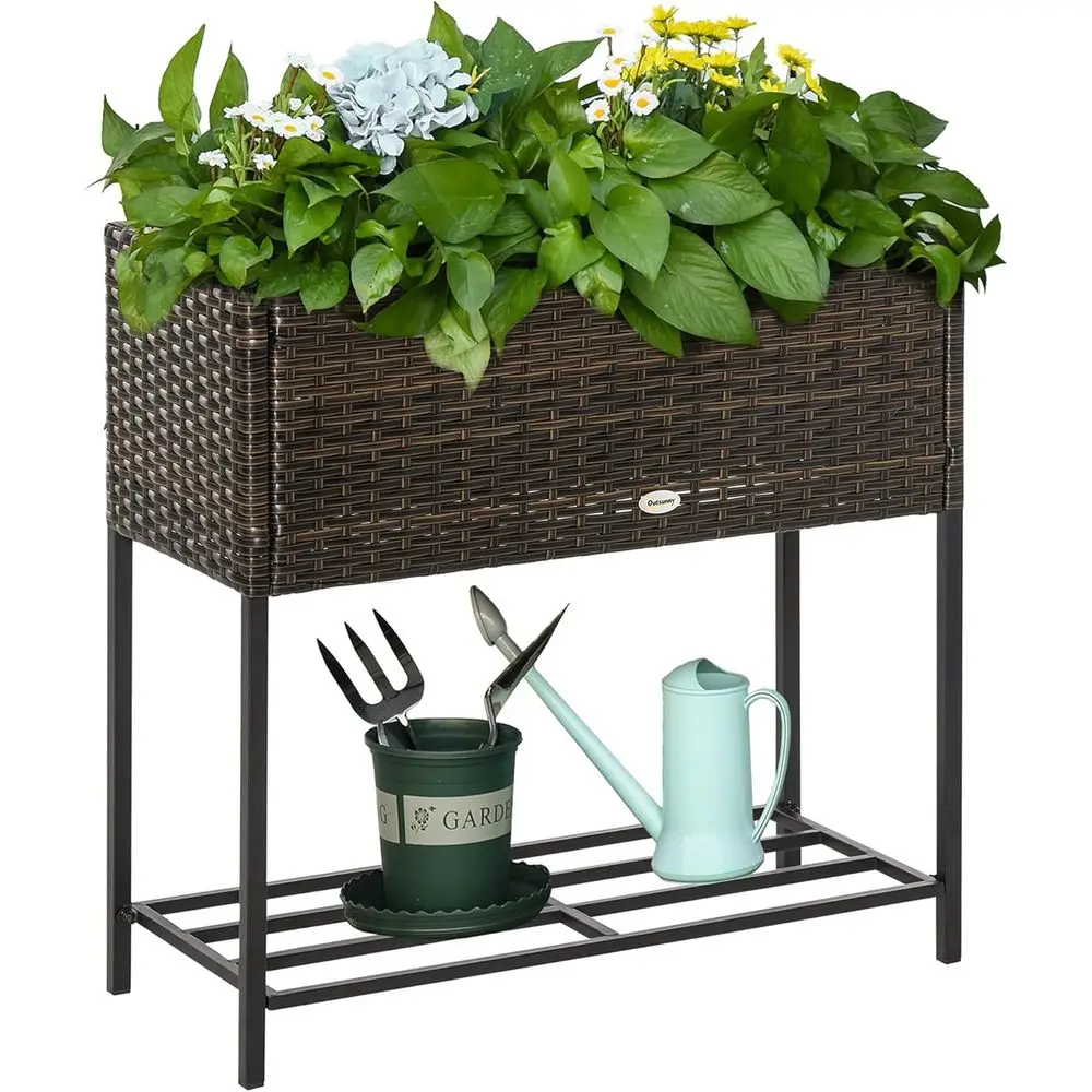 Outsunny Raised Garden Bed, Elevated Planter Box with Rattan Wicker , Tool Storage Shel, Portable Design or Herbs, Vegetables, l