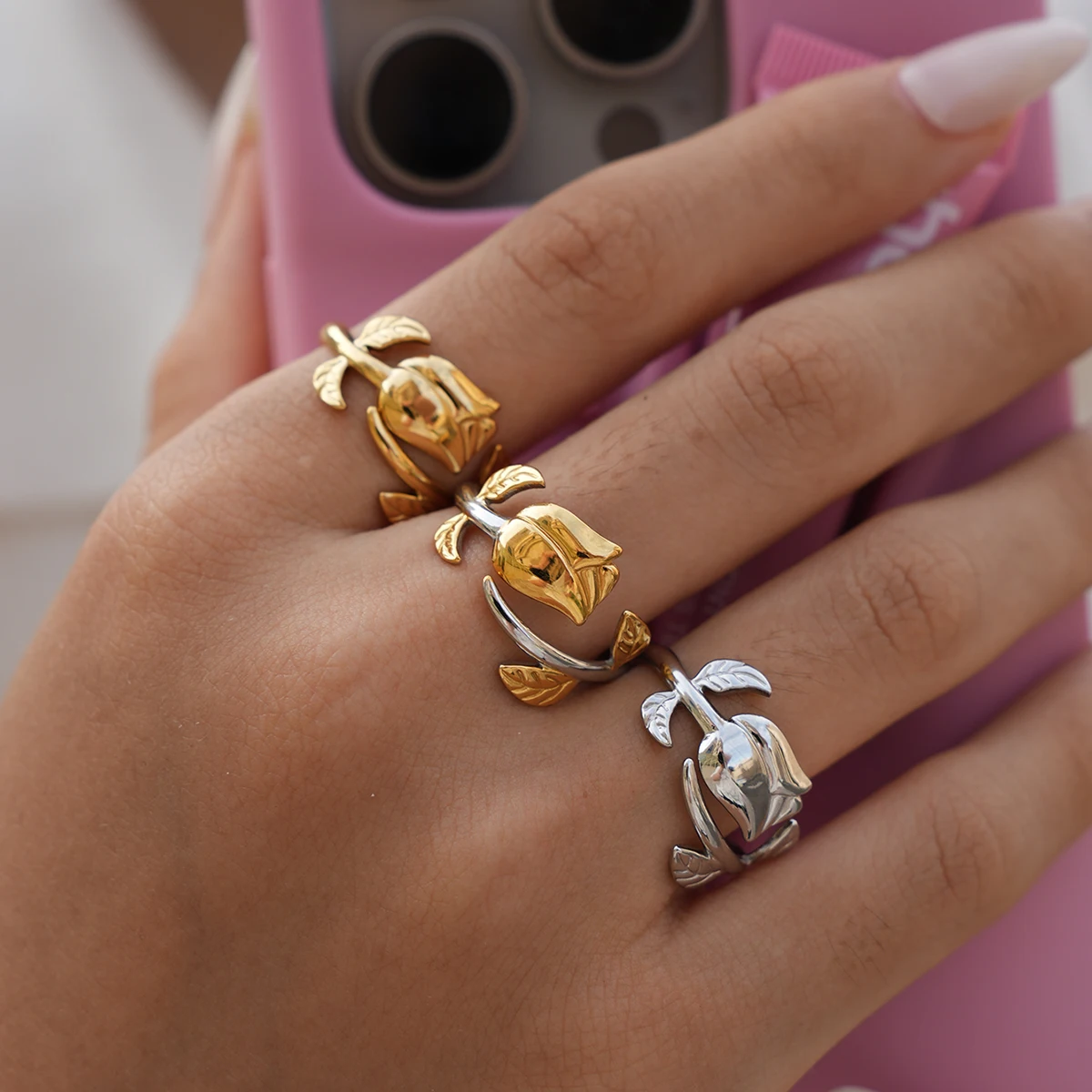 316L الفولاذ المقاوم للصدأ زهرة قابل للتعديل افتتاح خواتم الموضة مقاوم للماء المعادن تشويه مقاومة مجوهرات للنساء بيجو #6