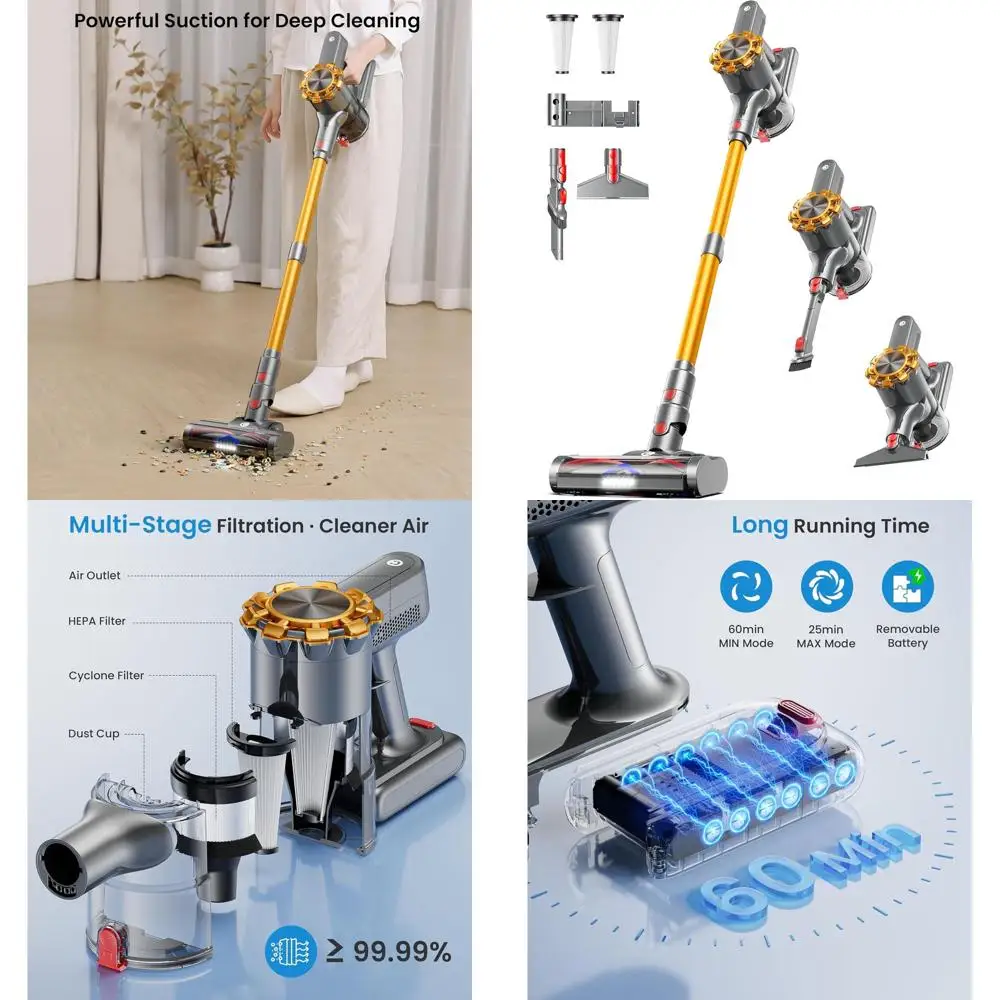 

Беспроводной пылесос мощностью 45 кПа и мощностью 500 Вт со светодиодным дисплеем, время работы 60 минут, легкая палочка 8 в 1 для дома, удаления шерсти домашних животных и