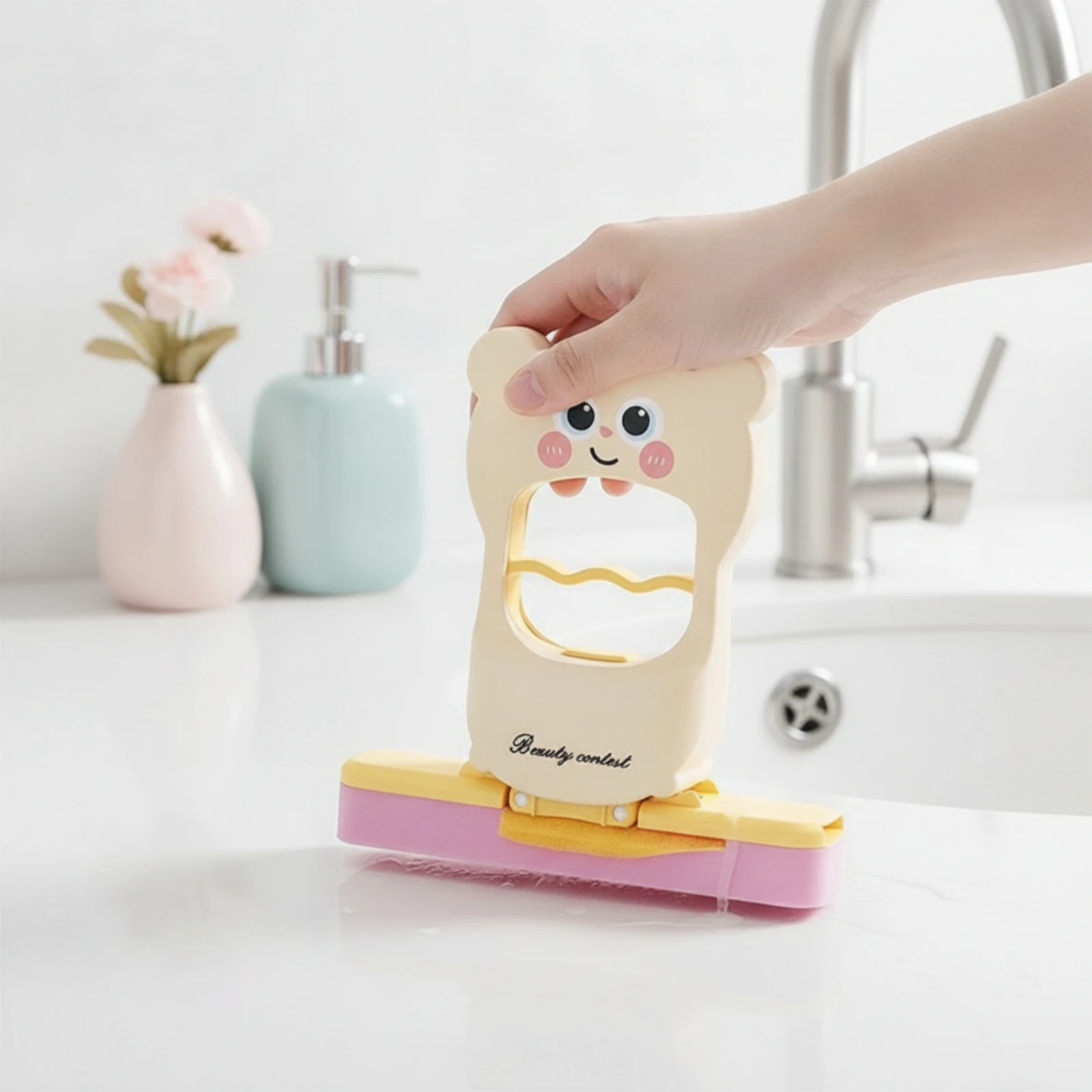 Folding Mini Mop with Sponge Head Reusable Portable Hand Mop with Bear Handle Easy to Store Handsincluded for Bathroom