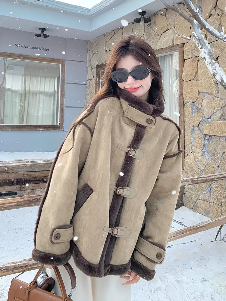 

Women's Winter Thickened Fleece Shearling Motorcycle Jacket Warm Loose Fit Faux Fur Lined Coat Parkaas with Toggle Closure