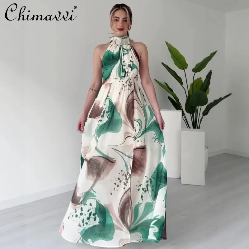 

Europe and America 2025 Summer New Abstract Sleeveless Neck Long Fashion Artistic Dress For Women