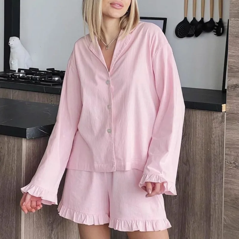 European and American Style Sweet Pink Pure Cotton Two-Piece Set, Loose Long Sleeve Cardigan with Shorts Women's Loungewear