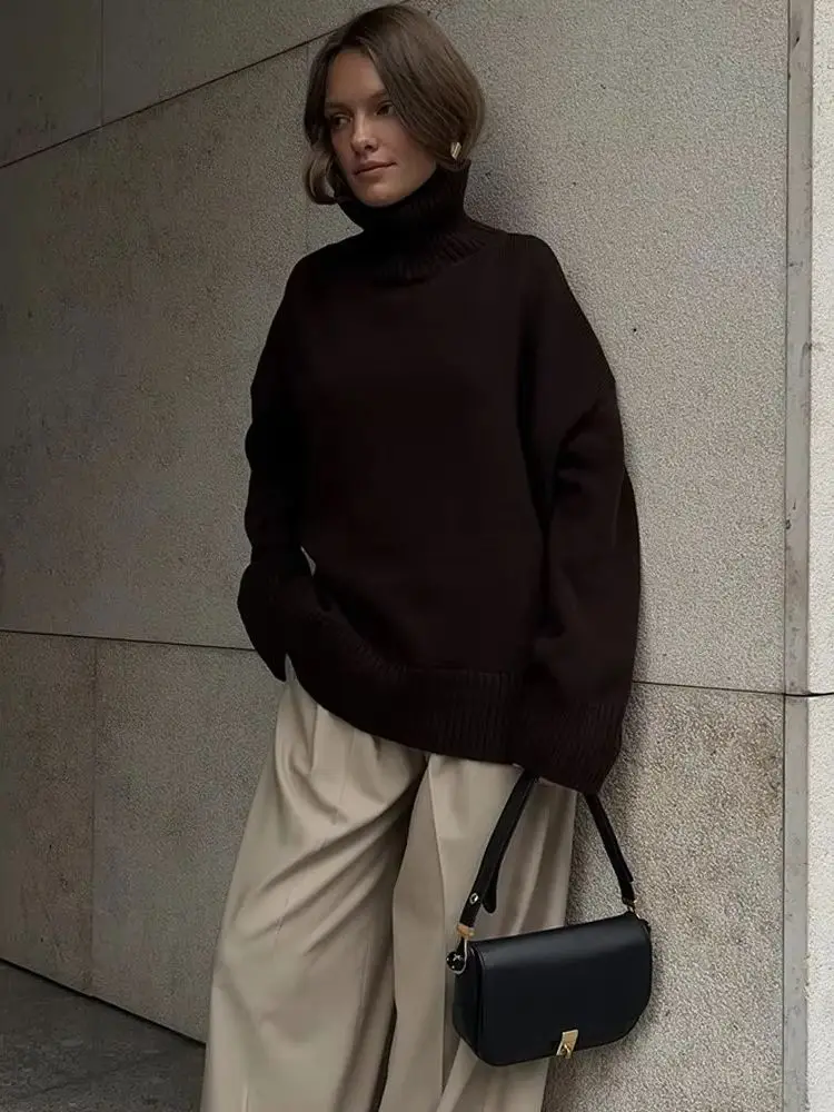 المرأة تريكو سترة الموضة الياقة المدورة بلوزة عادية أنيقة مضلع فضفاضة طويلة الأكمام بلون الإناث سترة الإناث #3