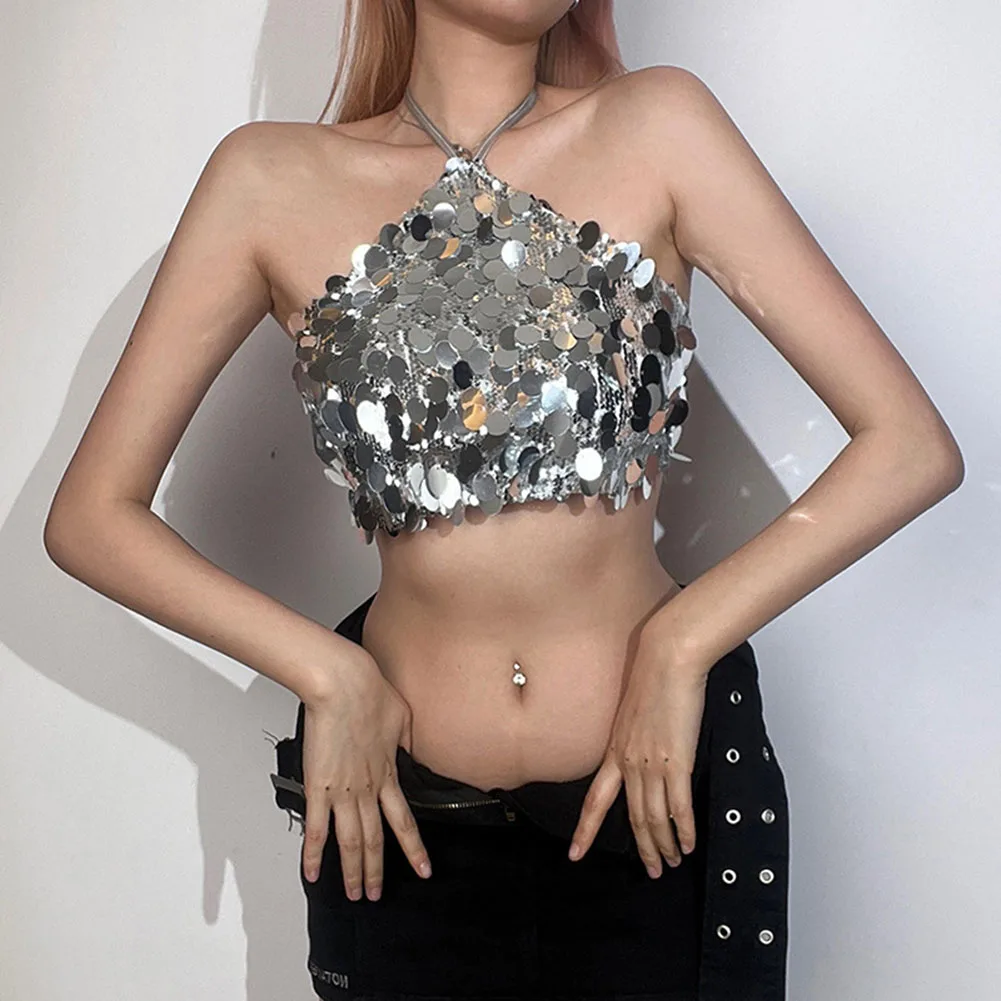 

New Silver Sequin Sexy Shining Women Vest Halter Neck Camisoles Solid Slim Summer BlingBling Sweet Gentle All-match Fashionable