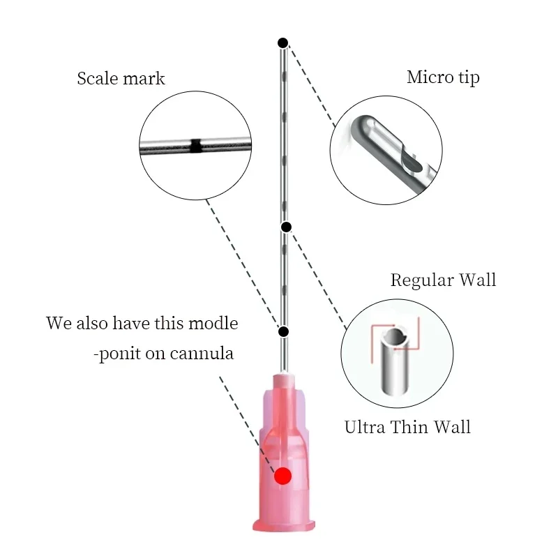 إبرة قنية ذات طرف حاد يمكن التخلص منها 18G 21G 22G 23G 25G 27G 30G حشو الوجه من حمض اليوريك