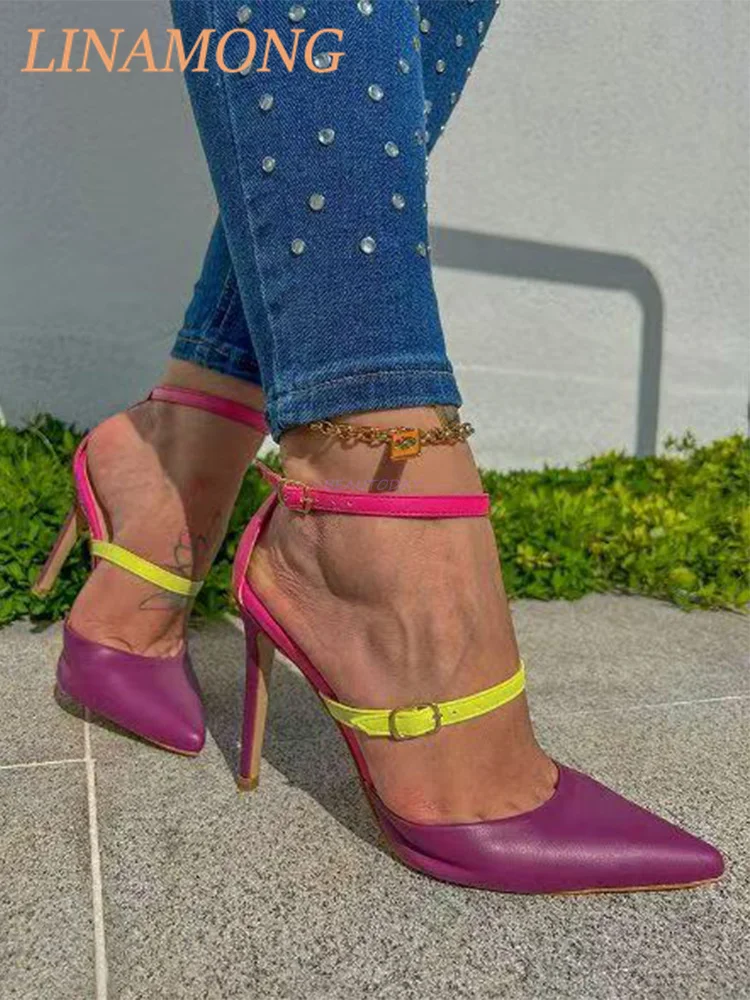 

Multi Colored Belt Buckle Splicing High Heels Fashionable Colorful Ankle Buckle Design Pointed Hollow Elegant Women's Sandals