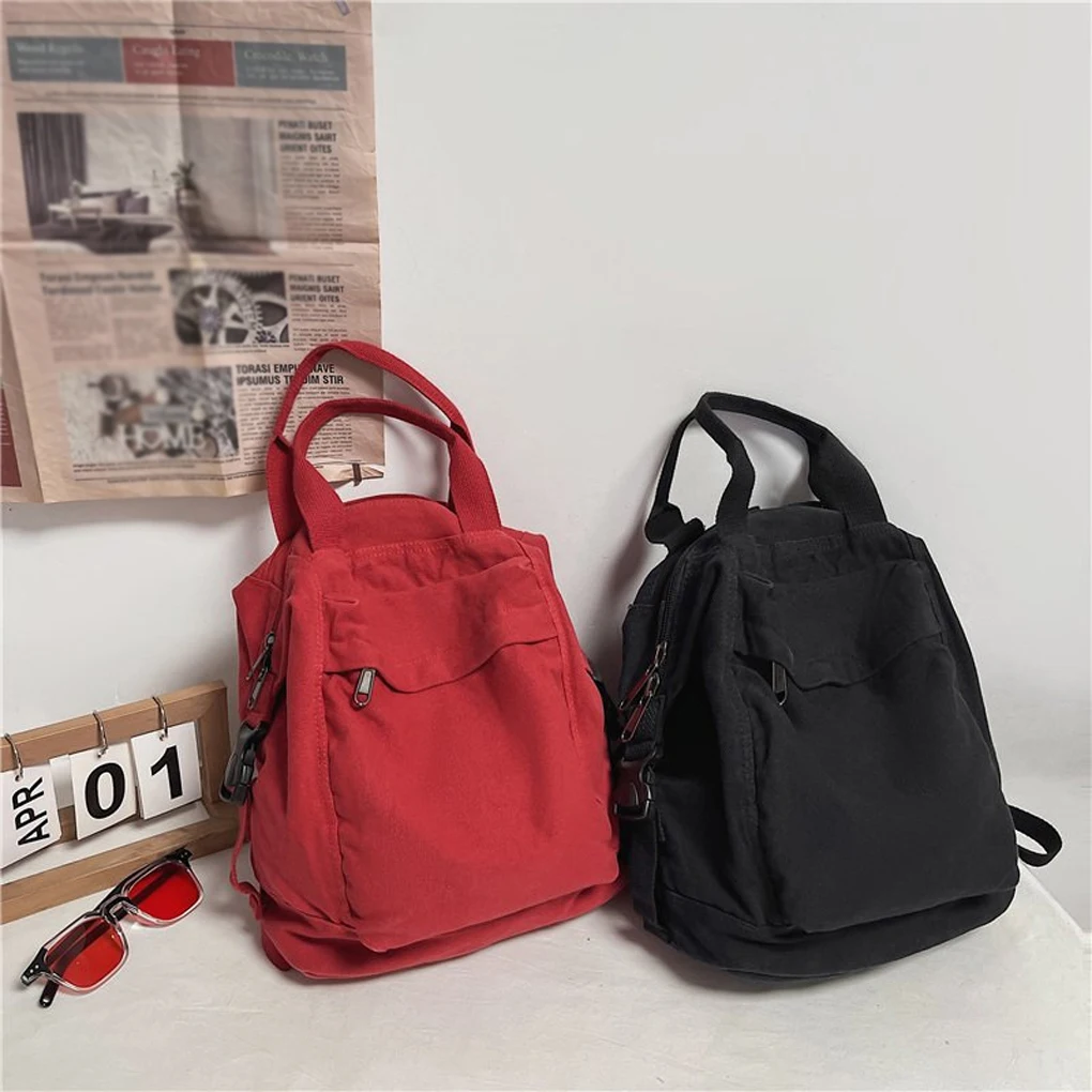 Canvas Backpack Solid Color Schoolbag Adjustable Shoulder Bag Black