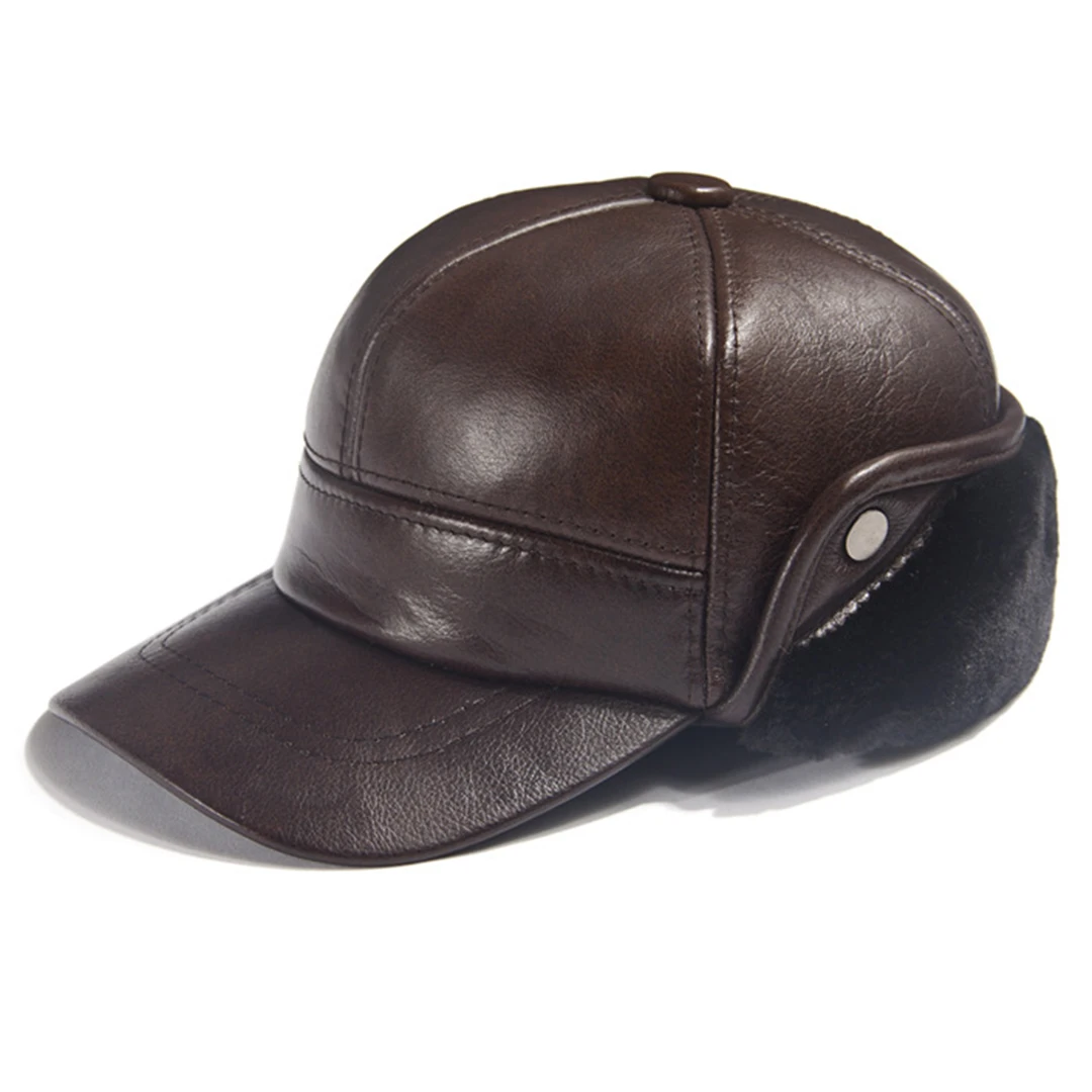 Men's 100% Genuine Leather Bomber Hat Winter Warm Earmuffs Thick Cowhide Baseball Caps Dad Hat Ear Protection Outdoor