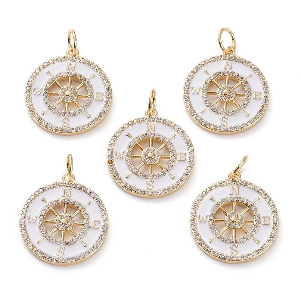 

5pcs Metal Clear Cubic Zirconia Pendants with White Enamel Flat Round with Compass Gold Plated for DIY Jewelry Necklace Earring