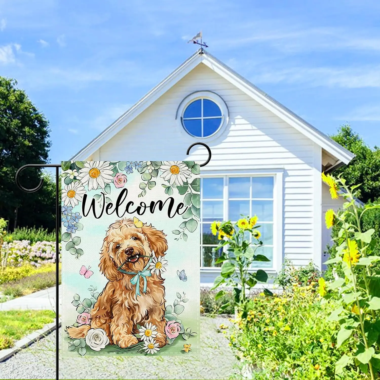 Welcome Spring Summer Goldendoodle Dog Decorative Garden Flag, Daisy Flower Leaves Yard Outside Decorations Pet Lover Gift,  zzo