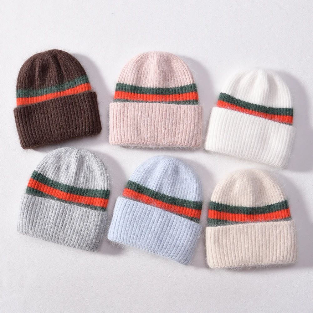 Jaxmonoy Women's Angola Blended Long Rabbit Hair Knitted Hat Super Warm Double Layer Winter Hats New Arrival Stripes Skull Caps