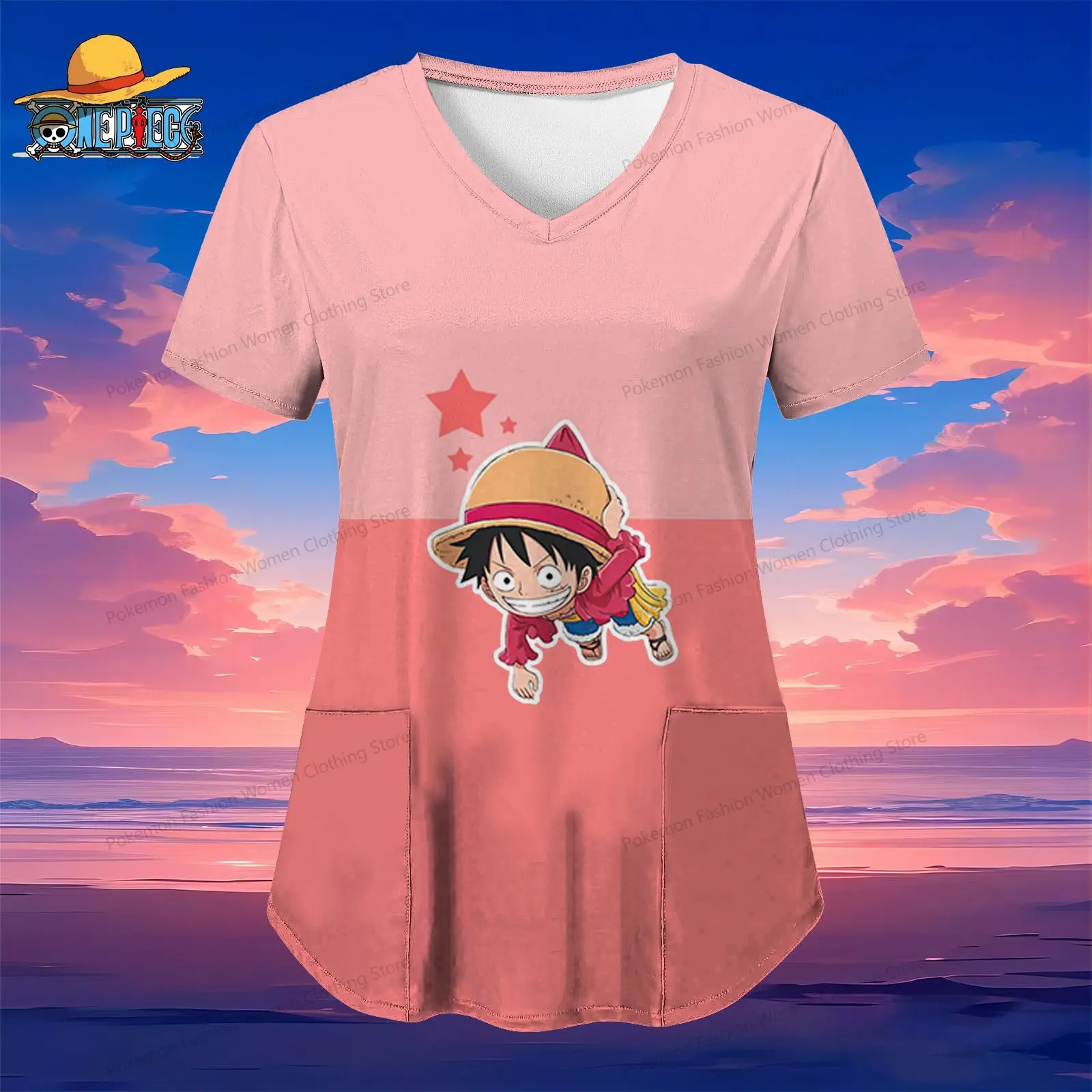 

Luffy Women's V Neck Nurse Uniform T-Shirt Pocket One Piece Kawaii Summer Short Sleeve Tops Woman Clothing Y2k Anime 2024 S-2XL