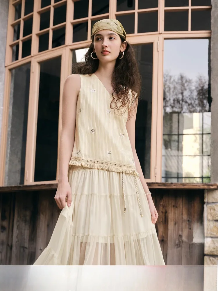 

Women's V-neck Sleeveless Shirt Tassel Hem Striped Straight Cut Polyester Fiber Summer Casual Wear Travel Suitable